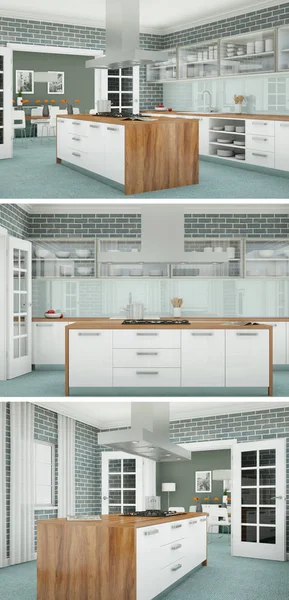 Güzel bir tasarım ile modern bir mutfak, üç kez bakıldı