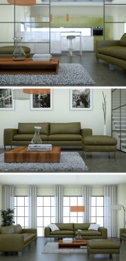 Üç görüş modern iç tasarım kanepeler ile çatı