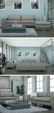 Üç görüş modern iç tasarım kanepeler ile çatı