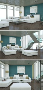 Üç görüş modern iç tasarım kanepeler ile çatı