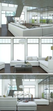 Üç görüş modern iç tasarım kanepeler ile çatı