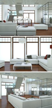 Üç görüş modern iç tasarım kanepeler ile çatı