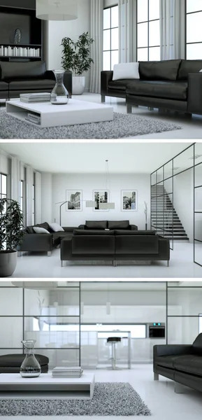 Three views of modern interior loft design with sofas — Stock Photo, Image