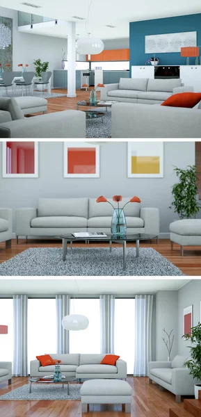 Tres vistas del moderno diseño de loft interior con sofás —  Fotos de Stock