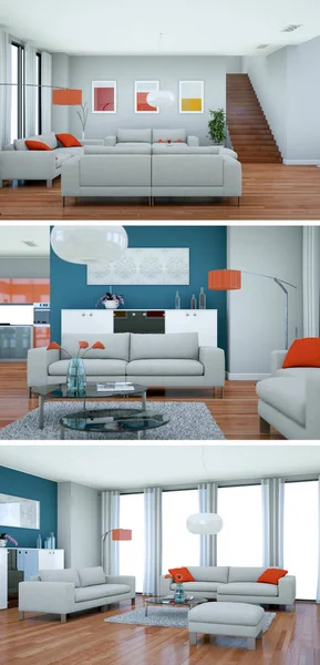 Trois vues du design moderne du loft intérieur avec canapés — Photo