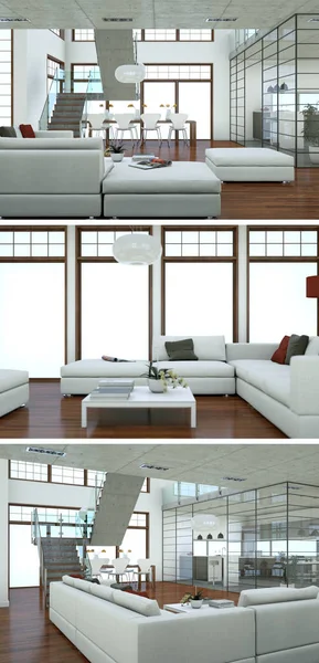 Üç görüş modern iç tasarım kanepeler ile çatı