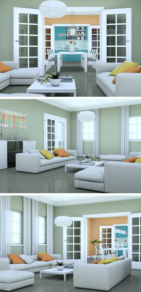 Trei vederi ale designului modern al mansardei interioare cu canapele — Fotografie, imagine de stoc