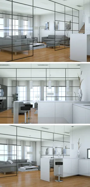 Tre visningar av modern interiör loft design med soffor — Stockfoto