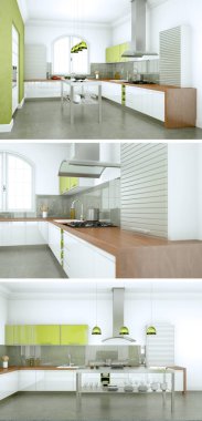 Güzel bir tasarım ile modern bir mutfak, üç kez bakıldı