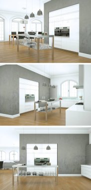 Güzel bir tasarım ile modern bir mutfak, üç kez bakıldı