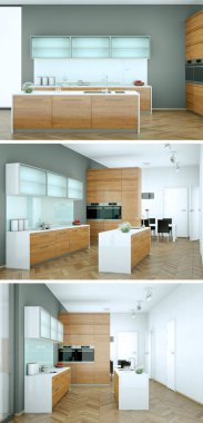 Güzel bir tasarım ile modern bir mutfak, üç kez bakıldı