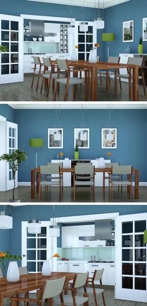 Tres vistas del moderno diseño de loft interior azul —  Fotos de Stock
