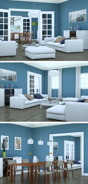 Drie weergaven van moderne blauwe interieur loft design — Stockfoto