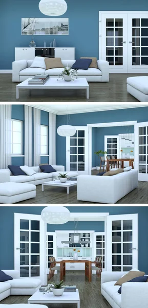 Trzy widoki nowoczesne wnętrza niebieski loft design — Zdjęcie stockowe