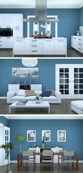 Tři pohledy moderní modré interiérové podkroví designu — Stock fotografie