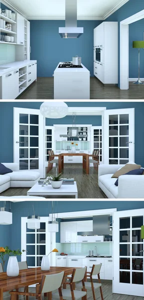 Drei Ansichten des modernen blauen Interieur-Loftdesigns — Stockfoto