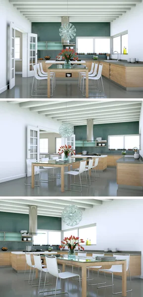 Three views of a modern kitchen with a beautiful design — Stock Photo, Image