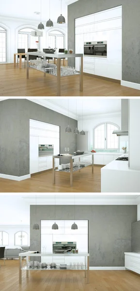 Three views of a modern kitchen with a beautiful design — Stock Photo, Image