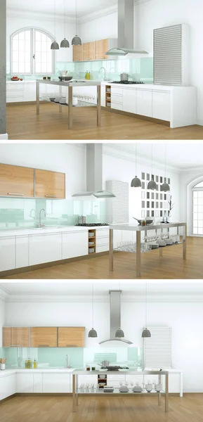 Three views of a modern kitchen with a beautiful design — Stock Photo, Image