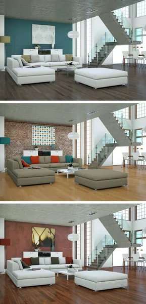 Three color variations of a modern loft interior design — Stock Photo, Image