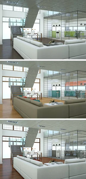 Three color variations of a modern loft interior design — Stock Photo, Image