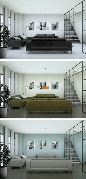 Tre olika färgvarianter av en moderna loft inredning — Stockfoto