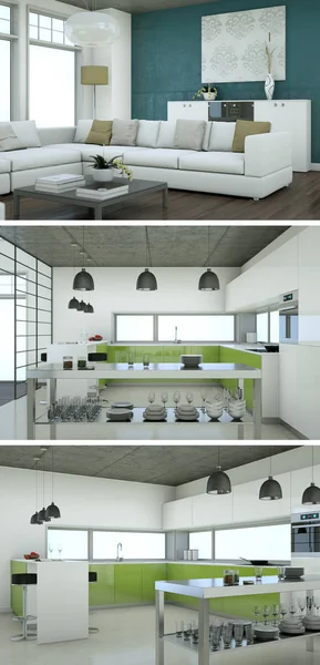Três vistas do design moderno do loft interior — Fotografia de Stock