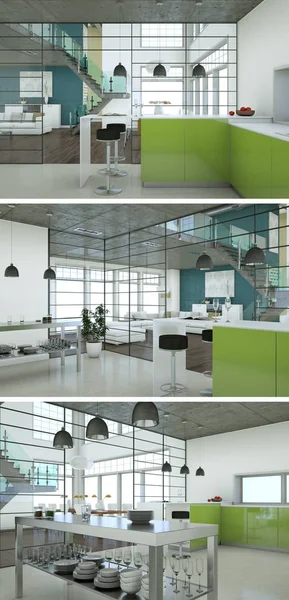 Tre visningar av modern interiör loft design — Stockfoto