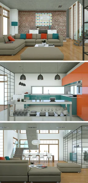Tres vistas del moderno diseño de loft interior —  Fotos de Stock
