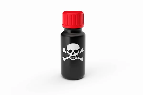 Medicamento garrafa preta isolada com etiqueta scull — Fotografia de Stock