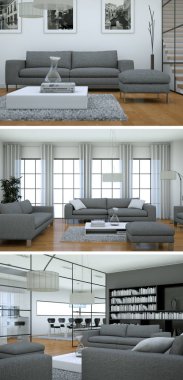 Üç görüş modern iç tasarım kanepeler ile çatı