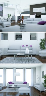 Üç görüş modern iç tasarım kanepeler ile çatı