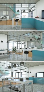 Güzel bir tasarım ile modern bir mutfak, üç kez bakıldı