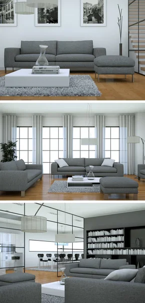 Üç görüş modern iç tasarım kanepeler ile çatı