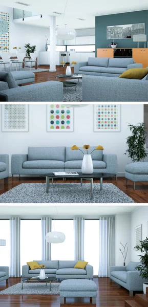 Three views of modern interior loft design with sofas — Stock Photo, Image