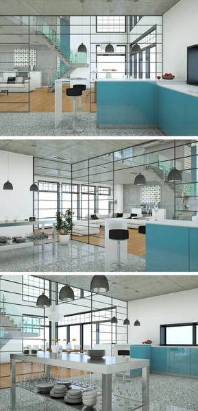 Güzel bir tasarım ile modern bir mutfak, üç kez bakıldı