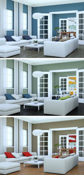 Three color variations of a modern loft interior design — Stock Photo, Image