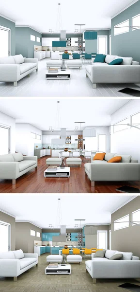 Tres variaciones de color de un diseño interior loft moderno — Foto de Stock