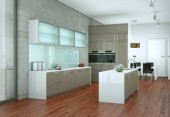 Világos, modern konyha egy szobában betonfal