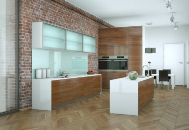 Taş duvar ile bir odada parlak modern mutfak