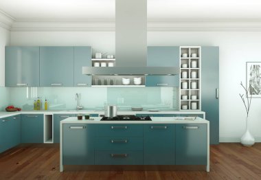 Taş duvar ile bir odada mavi modern mutfak