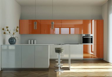 Beyaz modern mutfak güzel bir tasarım ile bir evde 3D çizimi