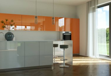 Beyaz modern mutfak güzel bir tasarım ile bir evde 3D çizimi