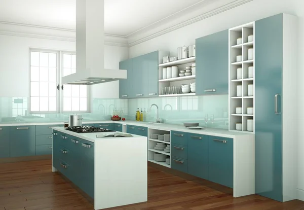 Cucina moderna blu in una stanza con muro di pietra — Foto Stock