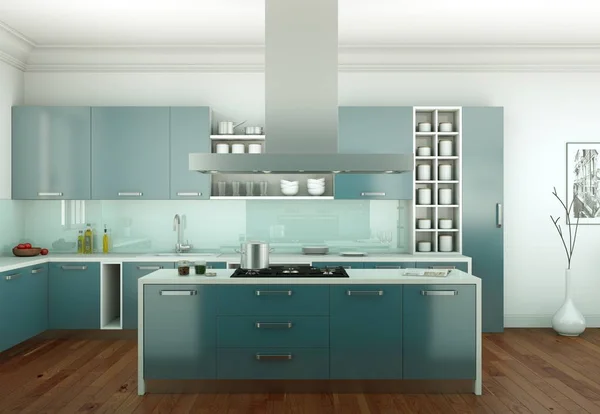 Blå modernt kök i ett rum med stenmur — Stockfoto
