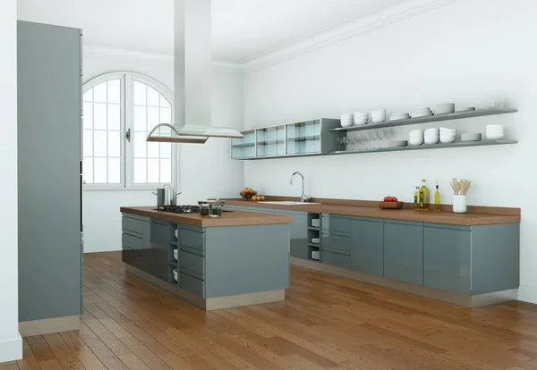Λευκό σύγχρονη κουζίνα σε ένα σπίτι με όμορφη σχεδίαση — Φωτογραφία Αρχείου
