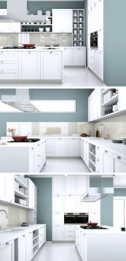 güzel bir tasarım ile modern bir mutfak üç görüş 3D çizimi