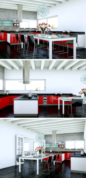 Tres vistas de una cocina moderna con un hermoso diseño —  Fotos de Stock