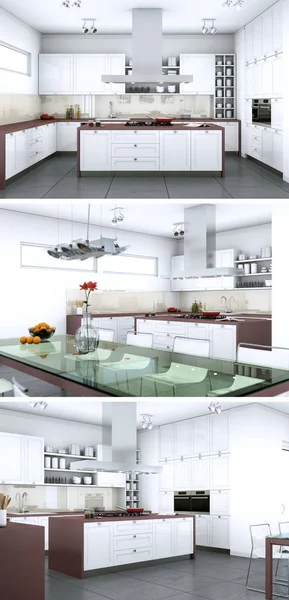 Three views of a modern kitchen with a beautiful design — Stock Photo, Image