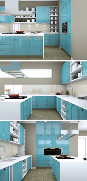 Três vistas de uma cozinha moderna com um belo design — Fotografia de Stock